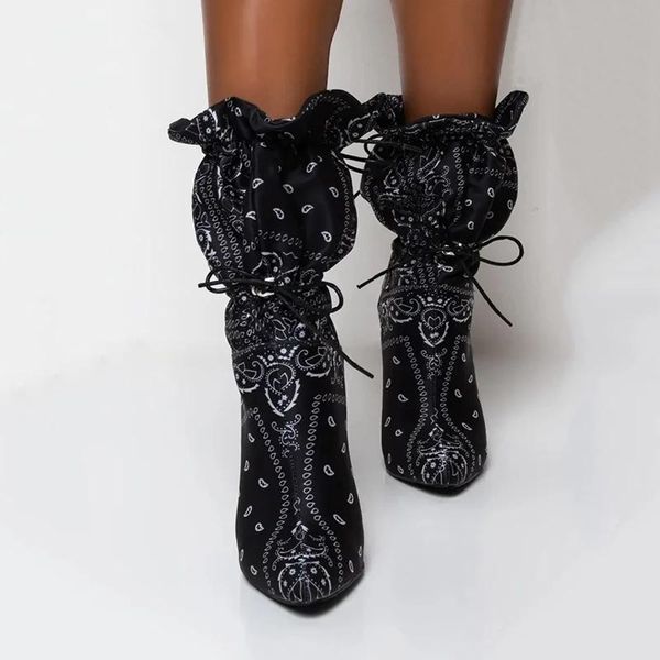 

set fashion women high heel boots thin heels bohemian style printed woman party drawstring female ankle, Black