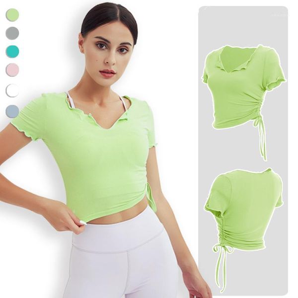 

yoga outfit women's shirts sport crop fitness cotton female frills collar running t-shirts candy colors blouses gym clothing