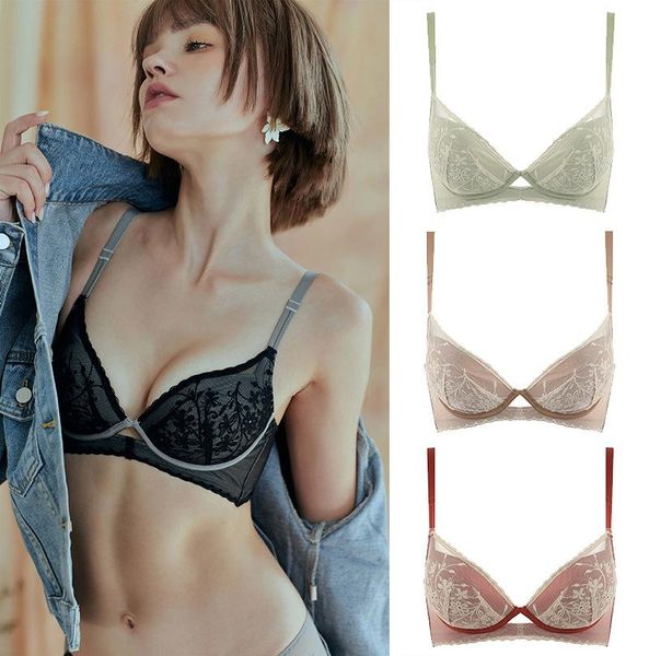 

bras 2021 spring and summer rimless women's underwear small chest gathered xia lace bra adjustable, Red;black
