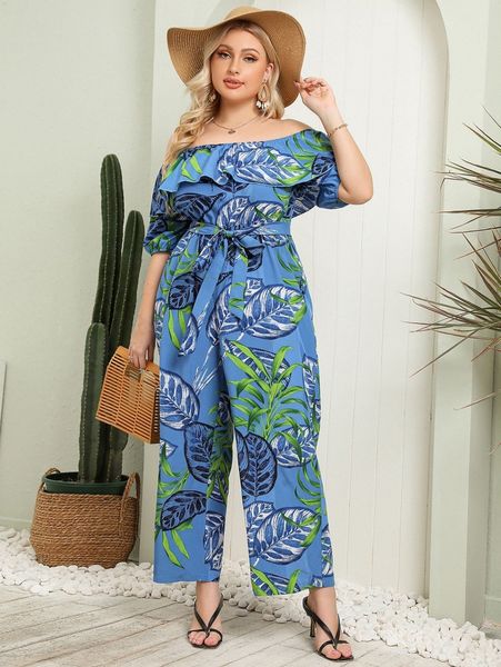

plus tropical print off shoulder ruffle trim belted jumpsuit i7qg#, Black