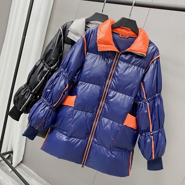 

fashion glossy white duck down jacket women patchwork color short stand collar coat female casual 210520, Black