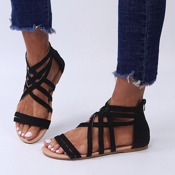 

sandals 2021 cross strap solid color women anti-slip slippers roman casual outdoor travel flat beach shoes sandaliasÂ mujer, Black