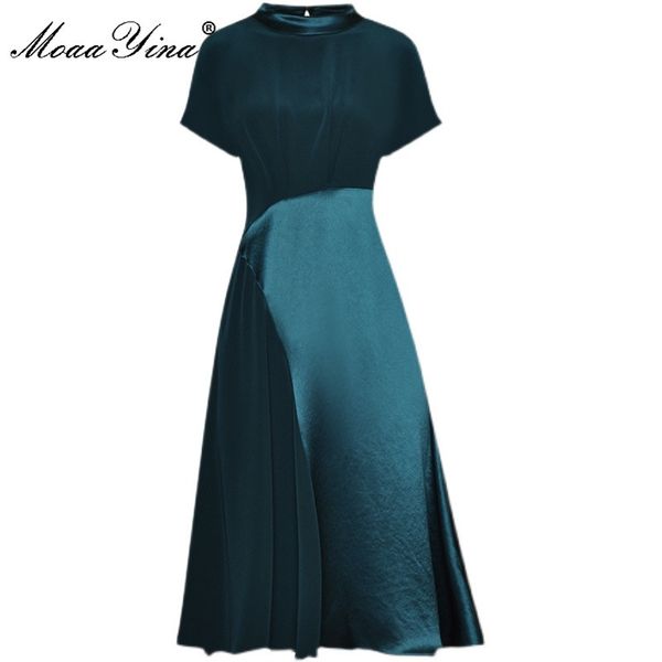 

fashion designer summer dress women's o-neck short sleeve splicing high waist midi 210524, Black;gray