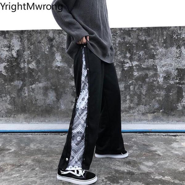 

patchwork side paisley bandana panelled button black contrast loose straight pant woman man hip hop streetwear tracksuit korean women's, Black;white