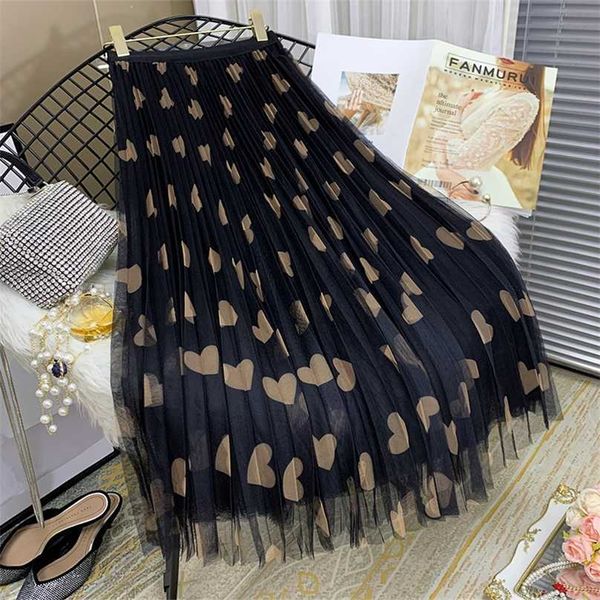 

high waist pleated skirt women autumn winter korean love mesh print vintage long yarn woman s 211109, Black