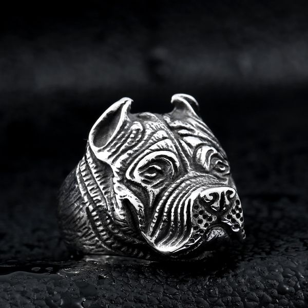 

men's vintage stainless steel ring viking pitbull bulldog gothic pug dog head totem amulet punk animal jewellery for men boys gift, Silver