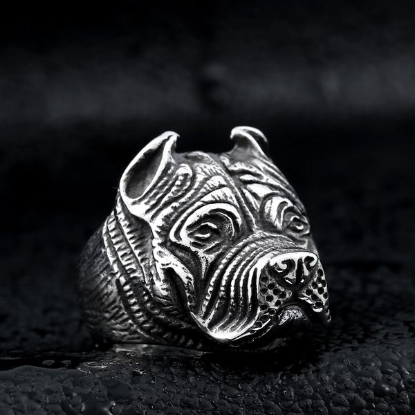 Herren Vintage Edelstahl Ring Wikinger Pitbull Bulldogge Gothic Mops Hundekopf Totem Amulett Punk Tierschmuck für Männer Jungen Geschenk