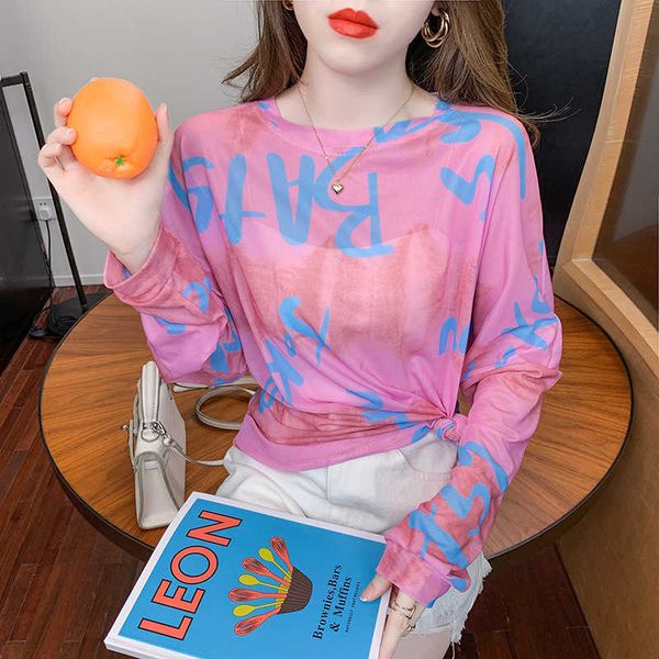 

printed tie dye mesh long sleeve t-shirt for women's loose summer 2021 thin sunscreen blouse ice silk top, White