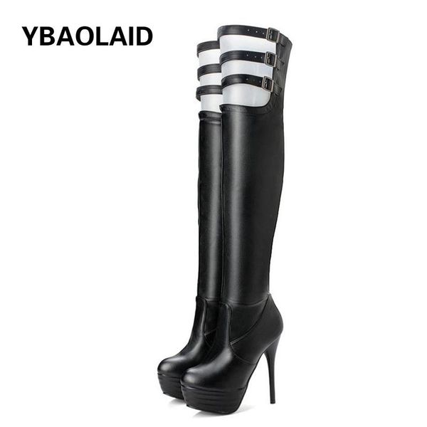 

boots waterproof platform stiletto over the knee autumn and winter round toe hollow belt buckle elastic thin, Black