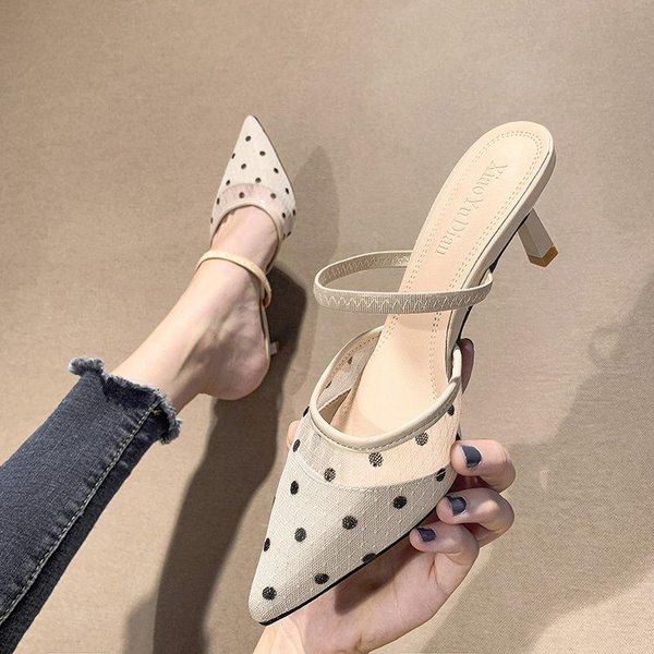 

mules for women 2021 high-heeled shoes lady med cover toe ladies' slippers thin pointed pu bonded leather slides rubber, Black