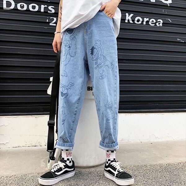 

autumn retro fun cartoon womens jean print cotton loose high waist nine pants harajuku cute anime female, Blue