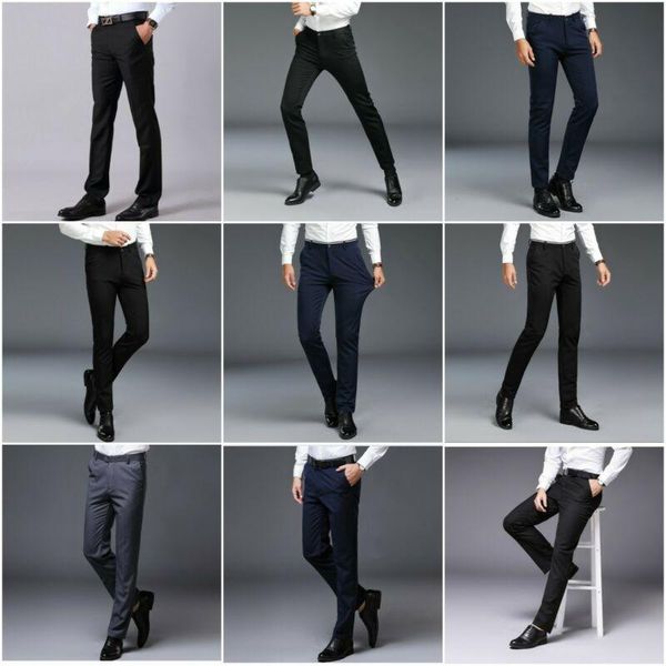 

men's pants dress trouser men fit chinos casual long slim straight-leg business formal, Black