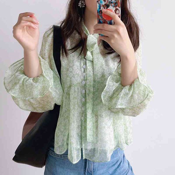 

spring woman two piece set sweet long sleeve print blouses women lace up elegant shirts + simple white camis 210514