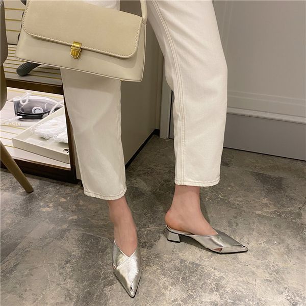 

slippers pointed toe women cross strap thick mid heels party pumps silver/black casual slides flip flops size 35-39 xqc2