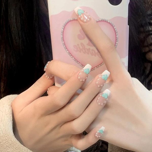 

false nails high qualit 24pcs pearl heart shape wear long paragraph fashion manicure patch save time wearable nail, Red;gold