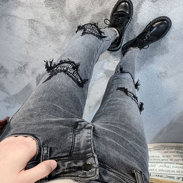 

kog598 light grey add/drop hair grey jeans female han edition of tall waist show joker false hole letters tight foot trousers, Blue