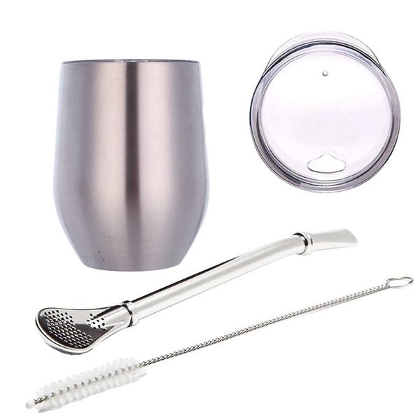 

mugs double-wall stainless yerba gourd mate tea set water cup with lid spoon straw bombilla head filter brush