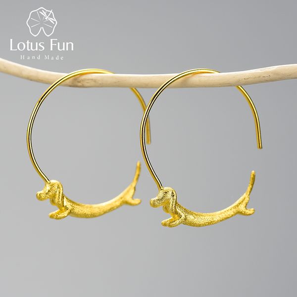 

lotus fun lovely flying dachshund dog big round hoop earrings real 925 sterling silver 18k gold earrings for women jewelry 2021, Golden;silver