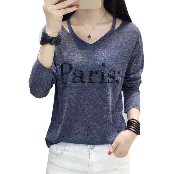 

women's t-shirt tee shirt femme v-neck women clothes autumn casual diamonds letter tshirt long sleeve korean woman 8pa4, White