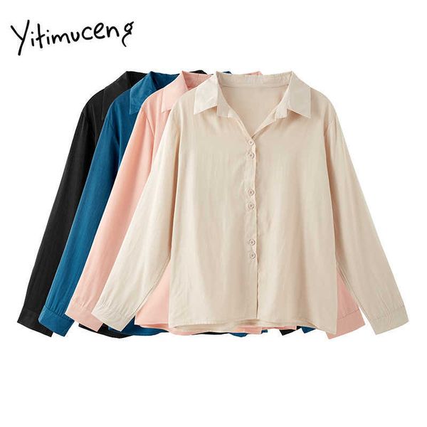 

yitimuceng vintage blouse women button shirts turn-down collar long sleeve straight solid spring korean fashion 210601, White