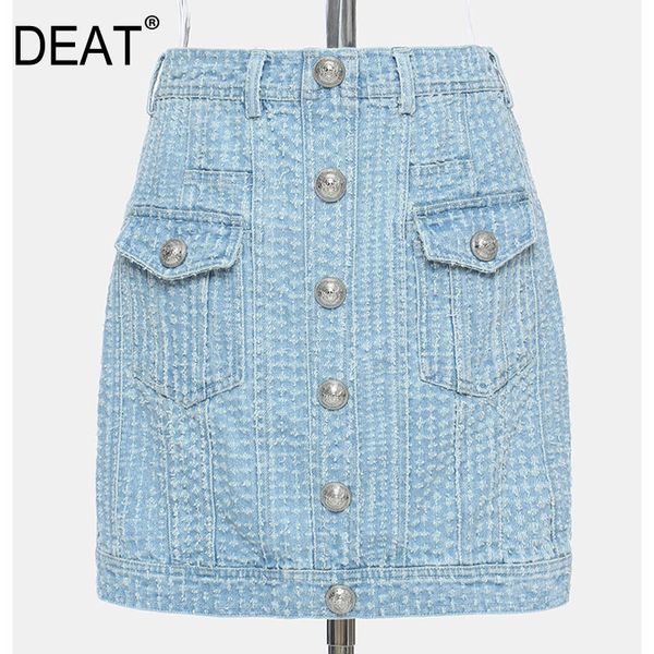 Hohe elastische Taille Halbkörper Hellblau Vintage über dem Knie Denim Rock Frauen Mode Flut Frühling Herbst GX235 210421