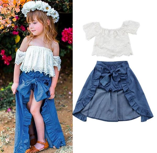 Set di vestiti per ragazze per bambini estivi Camicetta di pizzo a maniche corte con spalle scoperte + pantaloncini + gonne a fascia Abiti da principessa per ragazze