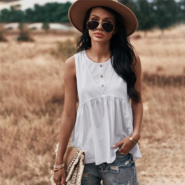 

women's blouses & shirts 2021 women casual solid color button pullover for woman loose ladies vest spring knitted sleeveless blouse, White