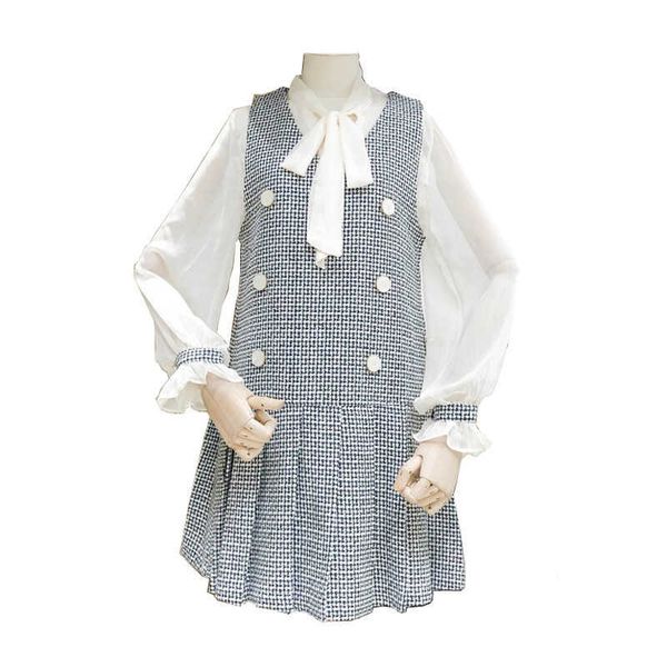 

perhaps u black pink tweed chiffon shirt bow collar long sleeve elegant short mini pleated dress button autumn two pieces d1364 210529, Black;gray