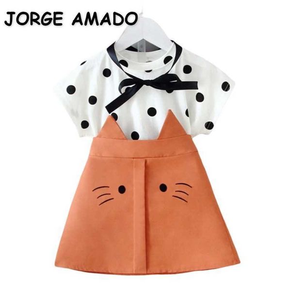 

wholesale summer baby girl 2-pcs sets white polka dot t-shirt + orange cat shorts kids outfits e16 210610