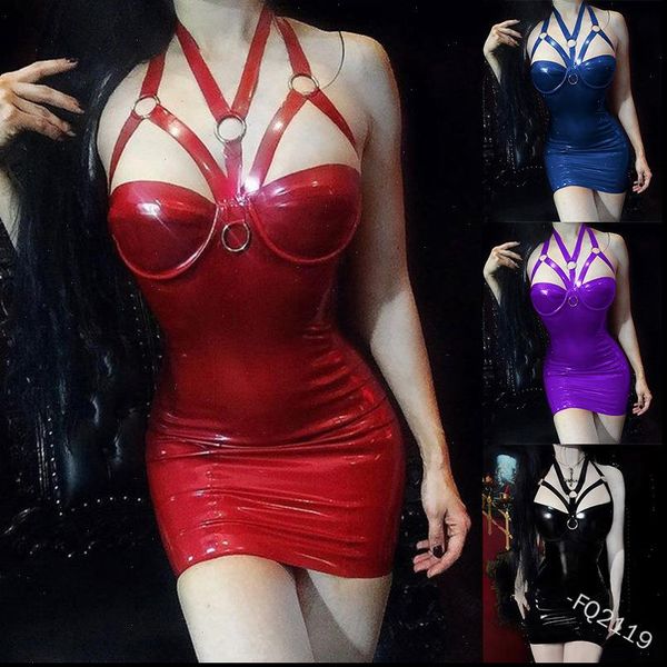 

s 5xl gothic women dress corset choker leather skinny bodycon halter neck short punk club for girls plus size, Black;gray