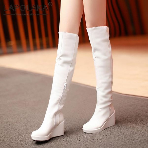 

boots lapolaka 2021 design wedge high heels over-the-knee woman shoes zip up platform fashion spring autumn female, Black