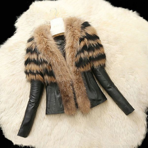 

women's fur & faux autumn winter women coat jacket female slim fit zipper pu leather fluffy patchwork short outerwear plus size s-6x q4, Black