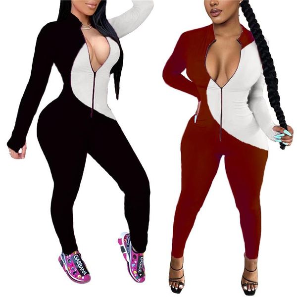 

women fashion color block jumpsuit slim stylish long sleeve zipper for ladies streetwear autumn spring skinny women's jumpsuits & rompe, Black;white