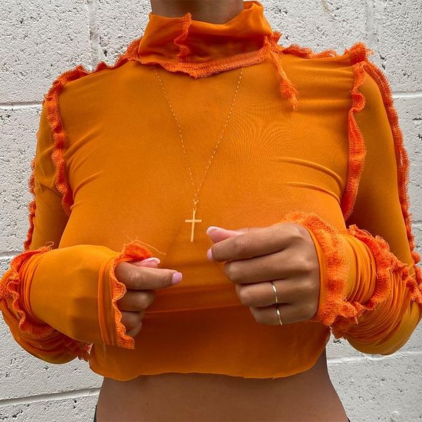 

women's t-shirt fashion women tie dye mesh see through long sleeve street style t shirts bodycon skinny autumn tees elegant turtleneck, White
