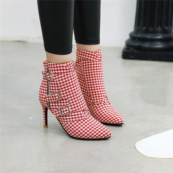 

boots ymechic gray pink plaid thin high heels stiletto buckle strap womens shoes pointed toe sweet ladies party 0kav, Black