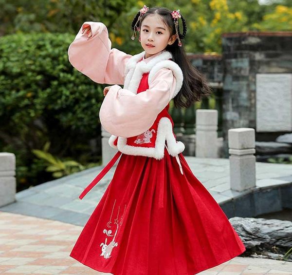 

autumn and winter girl's hanfu thickened warm year's dress birthday gift evening chinese embroidery show costume ethnic clothing, Red