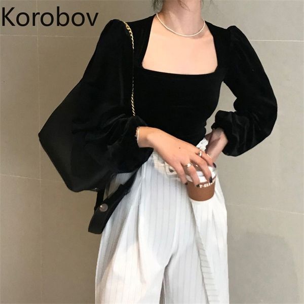 Korobov Koreanische Chic Puff Sleeve Frauen Bluse Vintage Eleganten Quadratischen Kragen Velours Mujer Blusas OL Schwarz Blusas Femininas 79408 210430