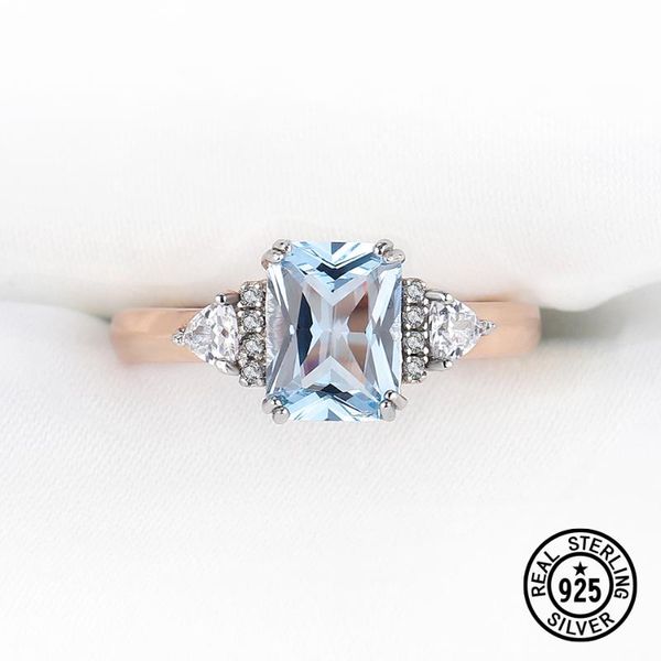 Sterling prata alianças de casamento gemstone azul topázio rosa banhado a ouro para mulheres luxo elegante fino jóias acessórios incomuns cluster