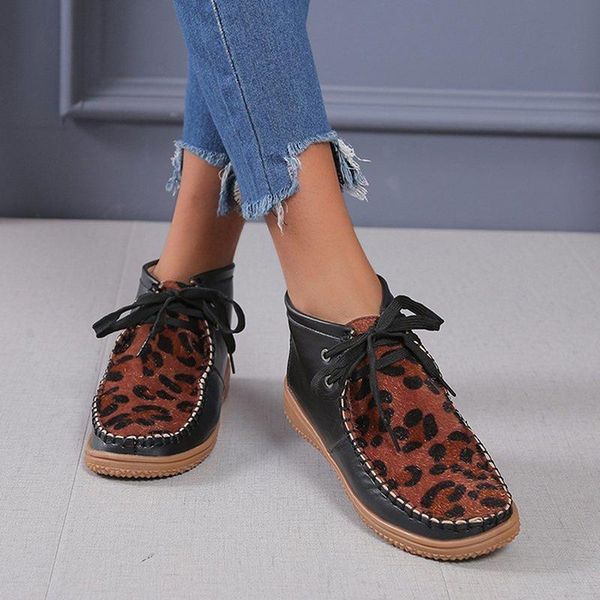 

boots casual leopard printed ankle ladies sewing plush short fashion patchwork lace up flats women's shoes for female, Black