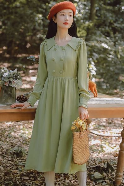 

casual dresses butter green vintage frence style es for women 2021 spring autumn long sleeve lapel neck sweet party evening sge6, Black;gray
