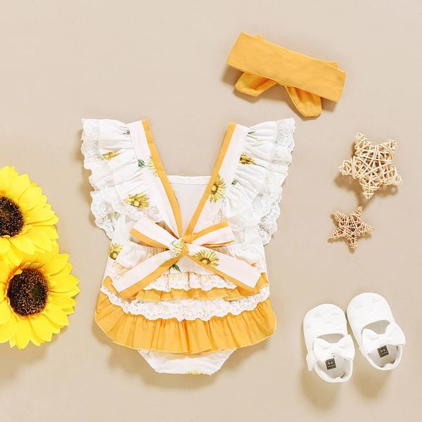 

clothing sets ruffle frill bow-knot born baby girls clothes sunflower printed bodysuit romper+headband girl, White