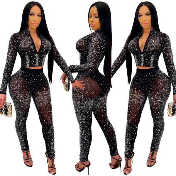 

women's two piece pants cutubly mesh see through 2 set club party diamonds women outfits v neck long sleeve crop tight, White