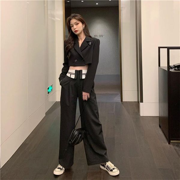 

women's tracksuits women pants suit crop solid coat and high waist wide leg 2021 spring autumn office wear suits 2 piece set 20419, Gray