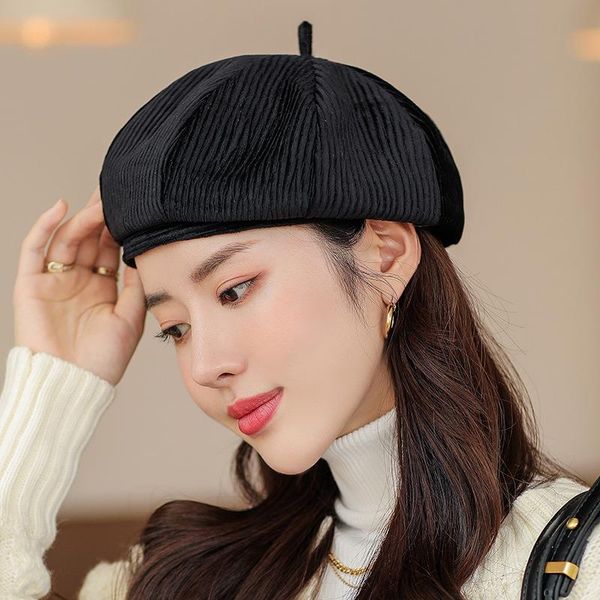 

beanies personality striped corduroy beret female spring and autumn retro solid color wild small pull painter hat