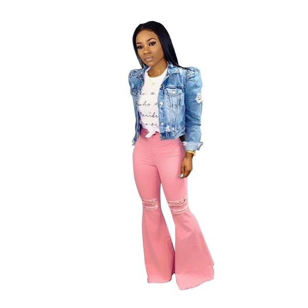 

women's jeans tmustobe ripped for women high waist flare vintage bell bottom pink denim wide leg pants female trousers, Blue