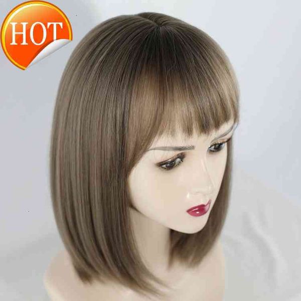 

wig short straight head set female full green wood wig qi bangs hair, Black