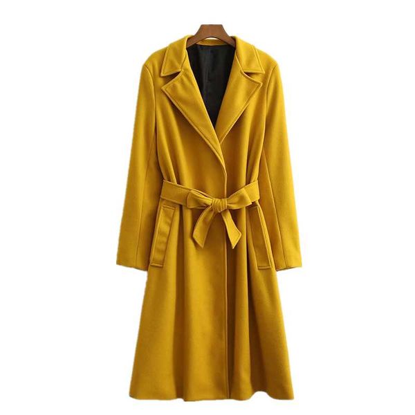 

women's trench coats zxqj women elegant solid pocket coat 2021 winter fashion ladies sashes long streetwear female yellow outerwear, Tan;black