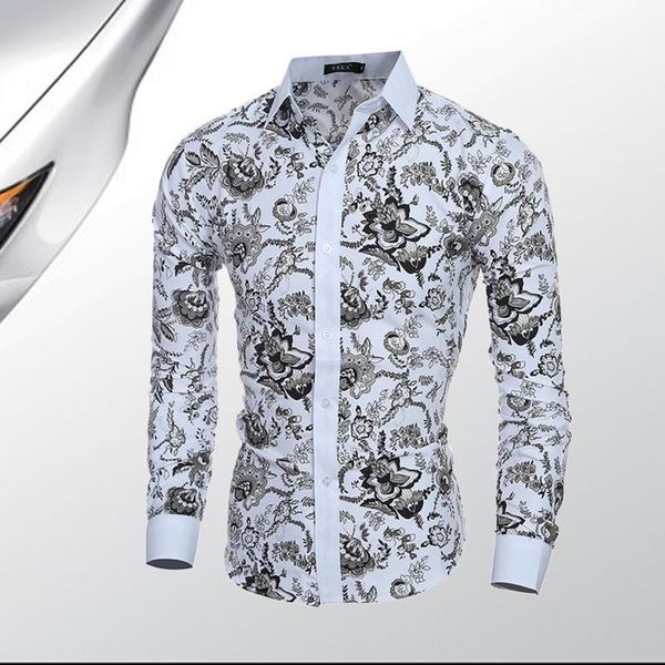 

men's casual shirts stylish long sleeve slim fit flower shirt blouse, White;black