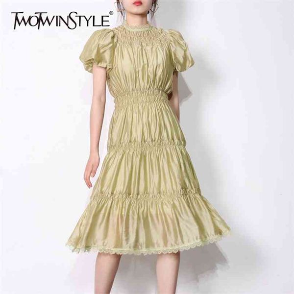 

green sweet patchwork lace dress for women stand collar puff short sleeve high waist midi dresses female style 210520, Black;gray