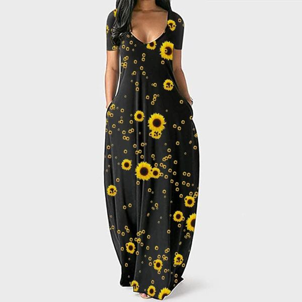 

casual dresses sunflowers printing woman dress bohemia short sleeve maxi sundress beach summer long kobieta sukienka robe #7, Black;gray